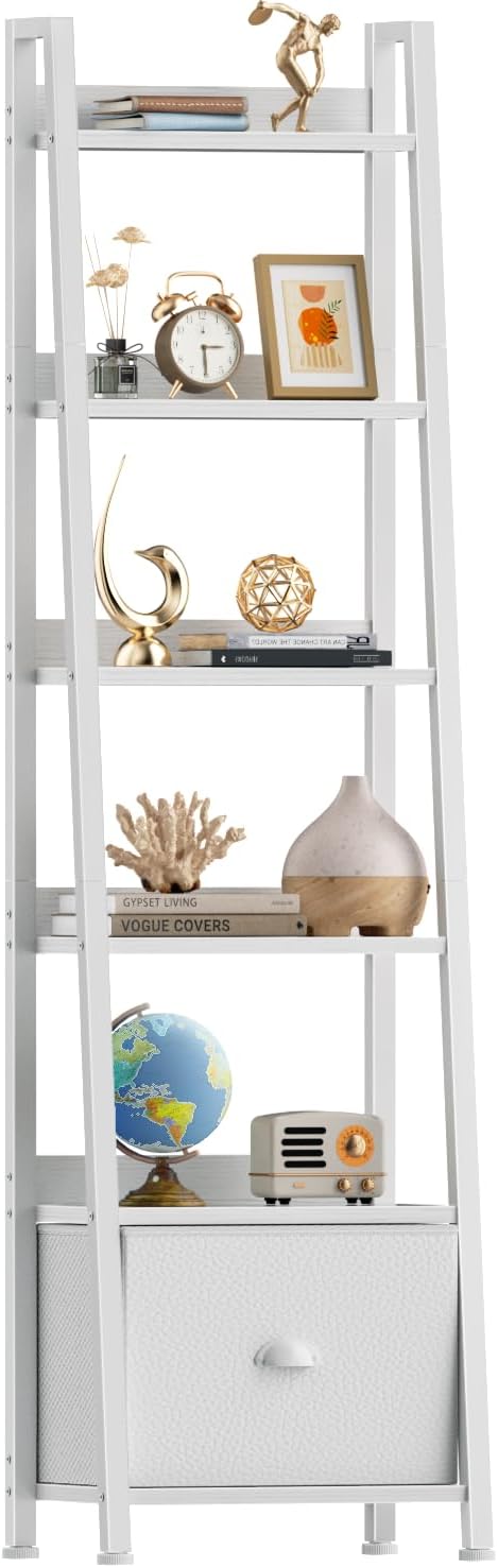 Furologee 6 Tier Ladder Shelf,Ladder Bookshelf with Drawer,Modern Tall Bookcase,Storage Rack Organizer,Wood Metal Freestanding Shelves for Living Room, Home Office, Bedroom, White