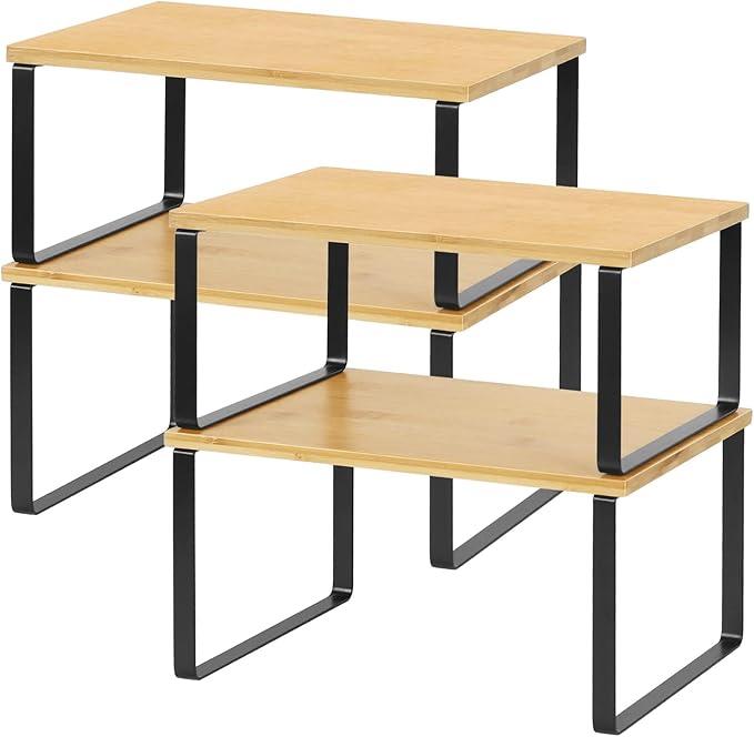 NEX Kitchen Cabinet and Counter Shelf Organizer, Stackable & Expandable, Set of 4, Black and Natural