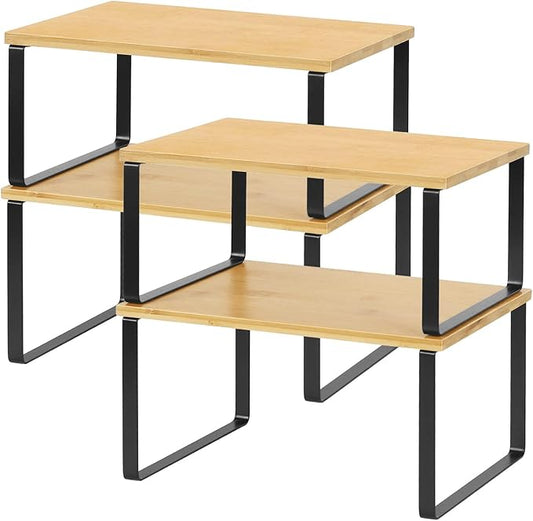 NEX Kitchen Cabinet and Counter Shelf Organizer, Stackable & Expandable, Set of 4, Black and Natural