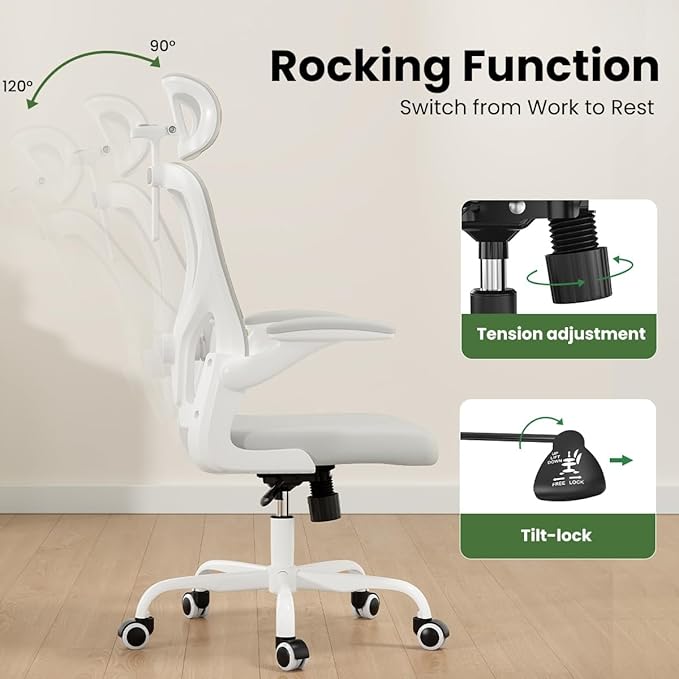 Soohow Office Chair, Ergonomic Office Mesh Desk Chair with Adjustable Back Support, High Back Comfy Computer Swivel Chair with Headrest, Lumbar Support for Study Room, Gaming and Office, White White