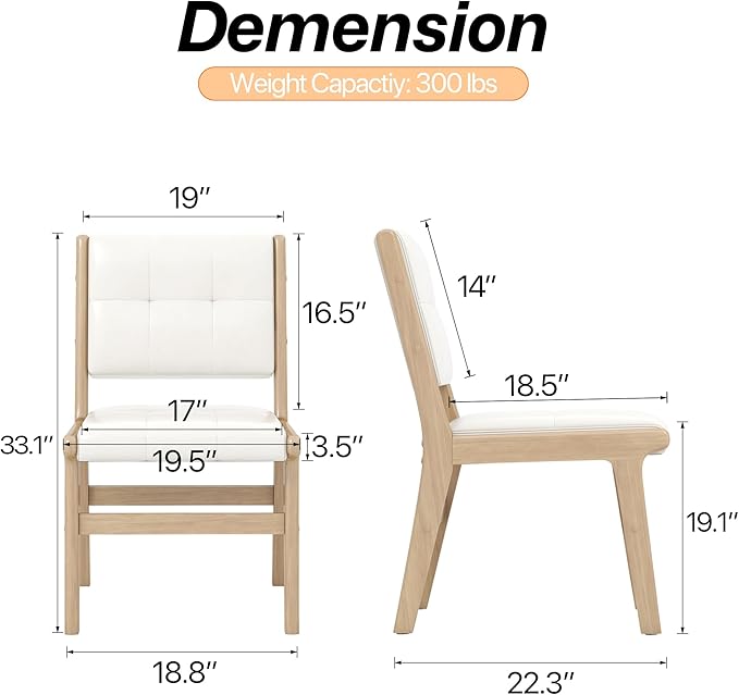 KCC Modern PU Leather Dining Chairs Set of 2, Upholstered Kitchen Chairs with Solid Wood Legs and Comfortable Seat for Dining Room/Lounge/Bedroom(White)