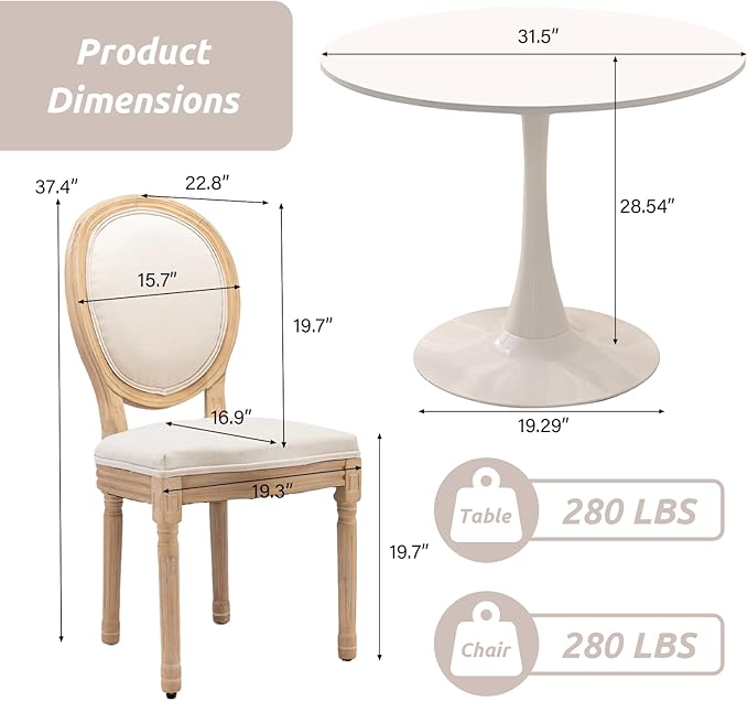 SoarFlash Kitchen Table and Chairs for 2, 31.5" Dining Table Set for 2 with French Dining Chairs, 3 Piece Round Kitchen Table Set, Dining Room Table Set for Small Space, Apartment