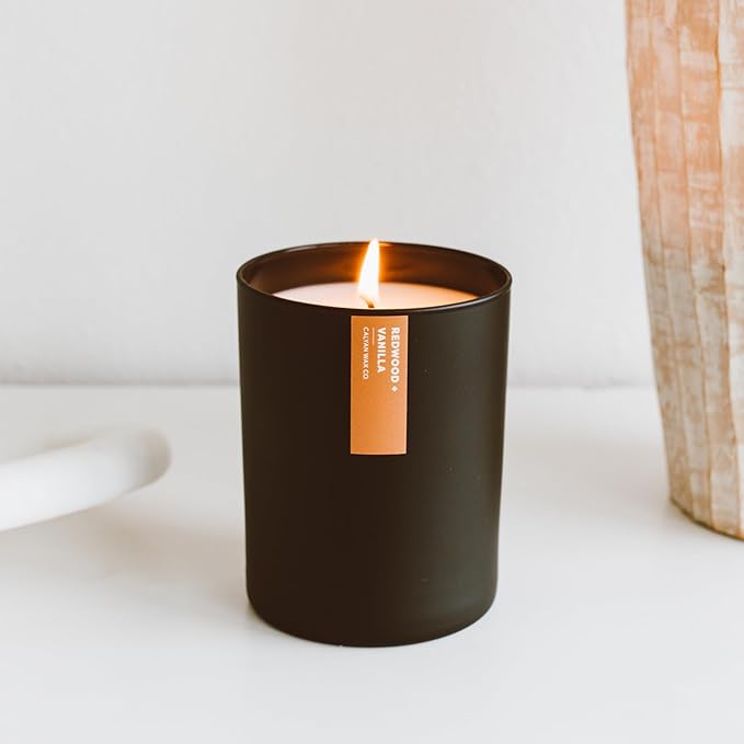 Calyan Wax Co. Redwood & Vanilla Scented Candle - 75 Hour Burn - Luxury Non Toxic Soy Wax Candles - Long Lasting Black Tumbler Jar Candle for Home - 10.2oz