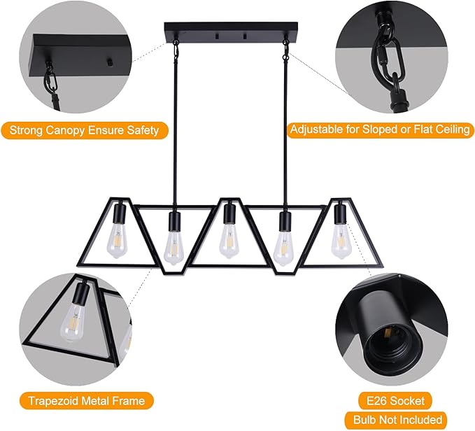 Dining Room Light Fixture, Kitchen Island Lighting with Adjustable Rods, Modern Chandelier Pendant Lamp Over Table (Black, 5 Light)