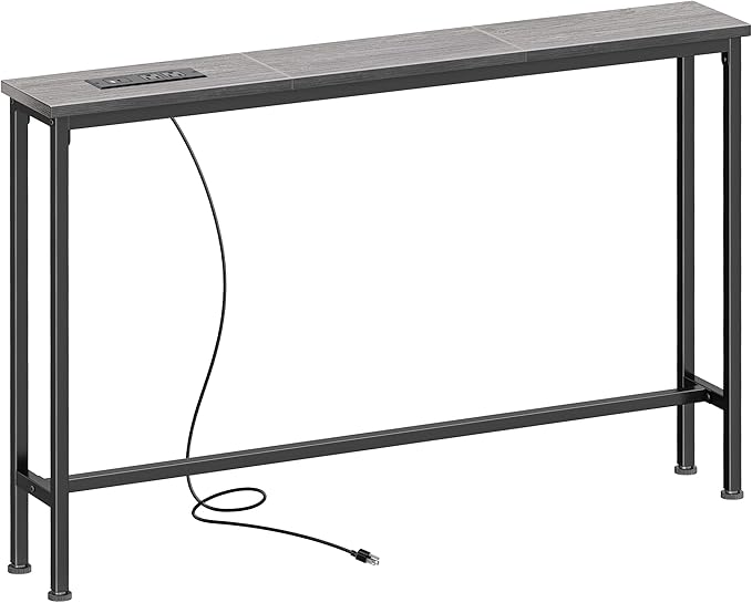 SUPERJARE 5.7 Inch Console Table with Outlet, Sofa Table, Behind Couch Table, 5.7 x 39.4 x 29.7 Inches, Metal Frame, Charging Station, Charcoal Grey