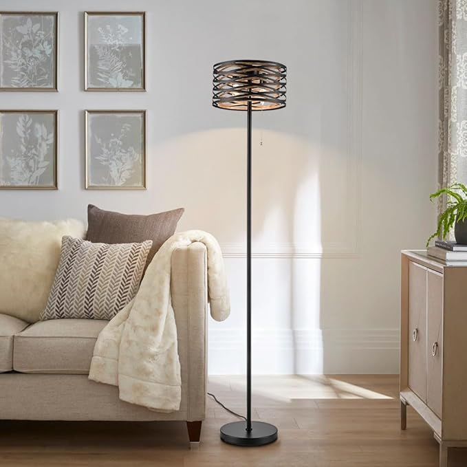 Farmhouse Black 2-Light Floor Lamp Metal Structure Wood Grain Shade with Pull Chain Switch, Perfect for Living Room, Bedroom, Reading Room