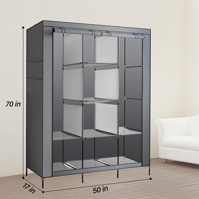PLKO Portable Closet, Wardrobe Closet Organizer,Portable Clothes Closet Rolling Door Wardrobe with Grey Oxford Fabric Cover for Bedroom, (Grey)