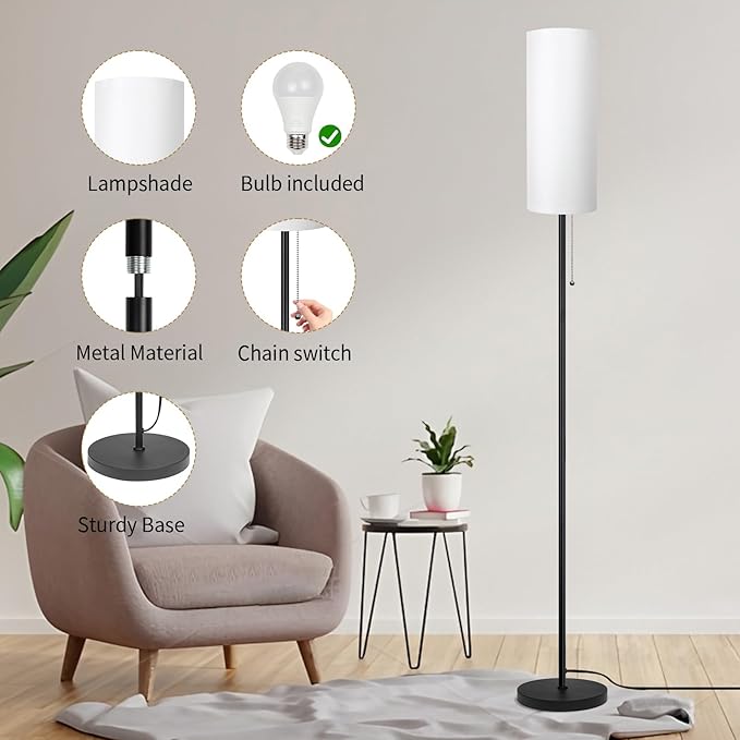 Floor Lamp for Living Room, Modern Standing Lamps with Lampshade, Minimalist Tall Lamp with Chain Switch for Living Room, Bedroom, Kids Room, Office,Standing Lamp LED Bulb Included (White Shade)