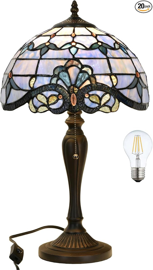 TL0015 Blue Baroque Tiffany Table Lamp Stained Glass Reading Desk Light 12 X 20 Inches for Bedroom Living Room, Handcrafted Artwork for Home Office, LED Bulb Included (Blue Baroque)