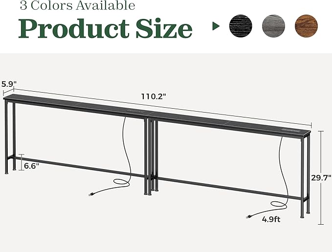 SUPERJARE 110.2 Inch Sofa Table with Power Outlets and USB-C Ports, 5.9 Inch Narrow Console Tables, Entryway Hallway Couch Tables with Storage, Behind Sofa, Small Spaces, Living Room, Black