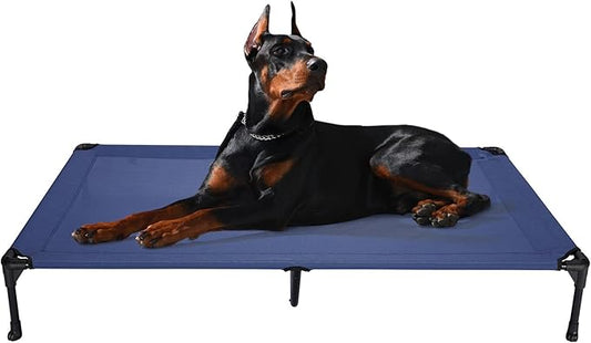 Veehoo Outdoor Elevated Dog Cot Bed, Cooling Raised Pet Bed for XX-Large Dog, Washable Breathable Mesh Hammock Bed with No-Slip Feet, Indestructible Ground Off Training Platform Cot-59"x37.5" Blue
