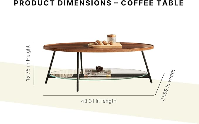 Shrine Glass Coffee Table, Black Walnut Table for Living Room, Glass and Wood Table, 43.3" D x 21.6" W x 15.7" H, Clear Glass Base, Walnut Wood Top&Black Metal Frame