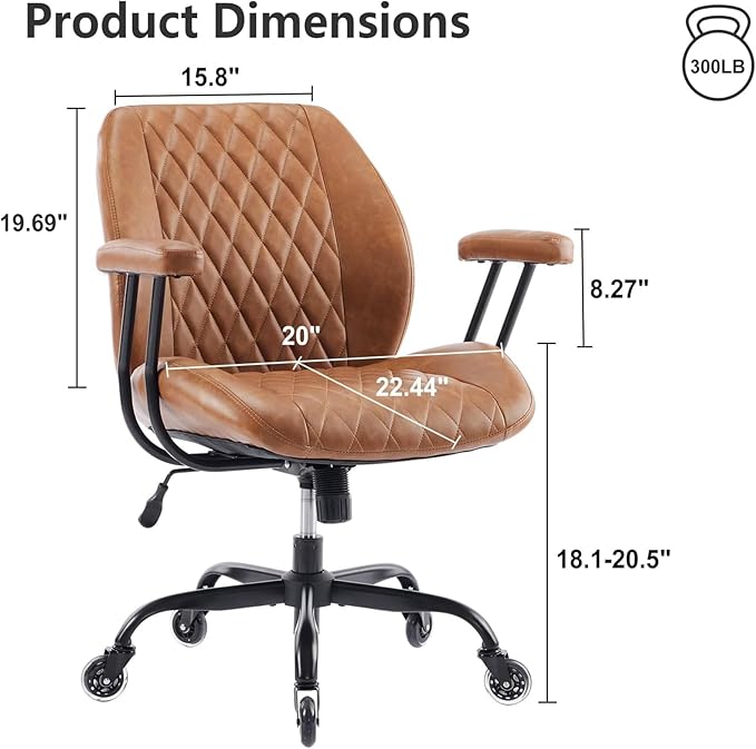 YFO Home Office Desk Chair Office Rubber Casters Ergonomic Computer Chair with Lumbar Support Adjustable Height Rolling Swivel Executive Task Armrests Chair， Brown Leather