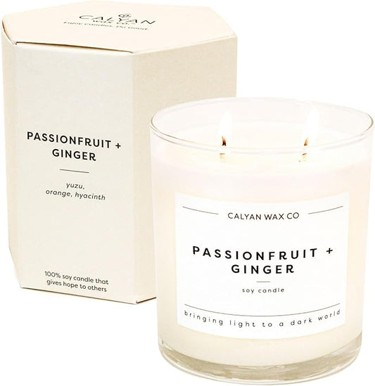 Calyan Wax Co. Passionfruit & Ginger 2 Wick Scented Candle - 37 Hour Burn - Luxury Non Toxic Soy Wax Candles - Long Lasting Large Glass Jar Candle for Home - 8.8oz