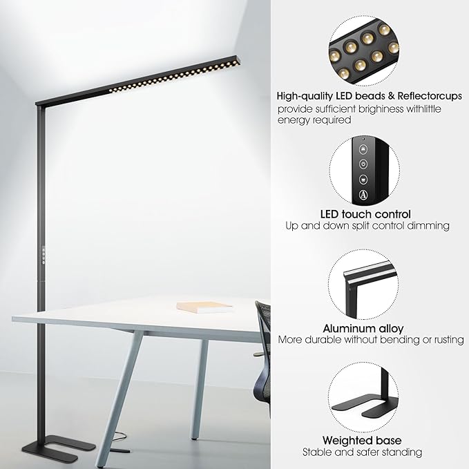 77"LED Floor Lamp,80W Black Modern Free-Standing Lamp,8000LM Dimmable High brightness office Lamp for Reading Study Room，Living Room，Bedroom Room,Piano Room,Meeting Room 4000K Natural Daylight