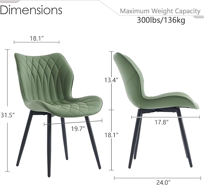 Kidol & Shellder Dining Chairs Set of 2 Green Modern Kitchen Chairs with Back Armless Accent Chairs for Living Room Upholstered Faux Leather Chair Mid Century Comfy Side Chair with Metal Legs
