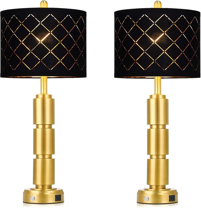 Set of 2 Modern Table Lamps for Living Room Bedroom,29" Tall Bedside Lamp with 2 USB Port,Gold Metal Touch Nightstand Lamp with Black Grid Shade for End Table Entryway,Gold