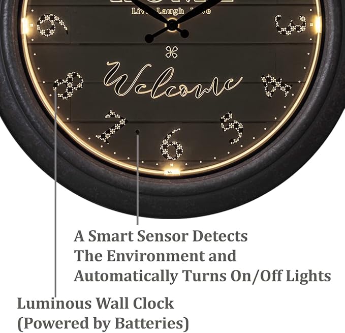 Presentime & Co 18" Vienna Modern Farmhouse Luminous Indoor/Outdoor Clock, Shiplap Style, Galvanized Silver Finish, Night Light with Smart Sensor, Wall Decoration, Outdoor Lights & Decoration.