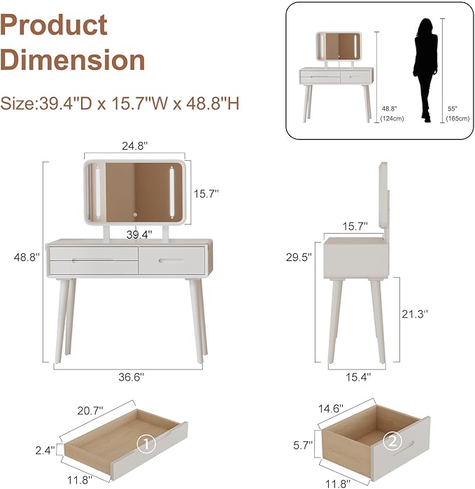 Solid Wood Vanity Desk with Mirror and Lights,Adjustable Height and Brightness, Makeup Vanity with 3 Drawers,Semi-Assembled,Dressing Table for Bedroom (White)