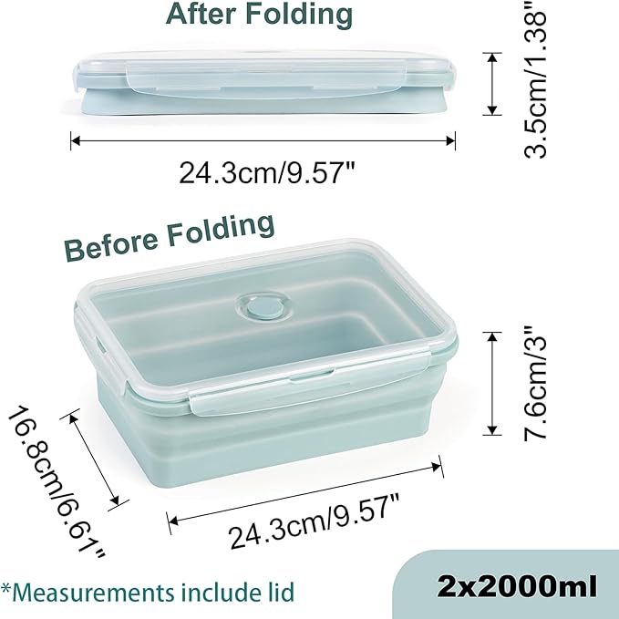 Extra Large Collapsible Silicone Food Storage Containers With Lids, 2000ml Big Meal Prep Boxes for Roasting Chicken, Store Leftover, Dishwasher & Microwave Safe, BPA Free, 2 Pack