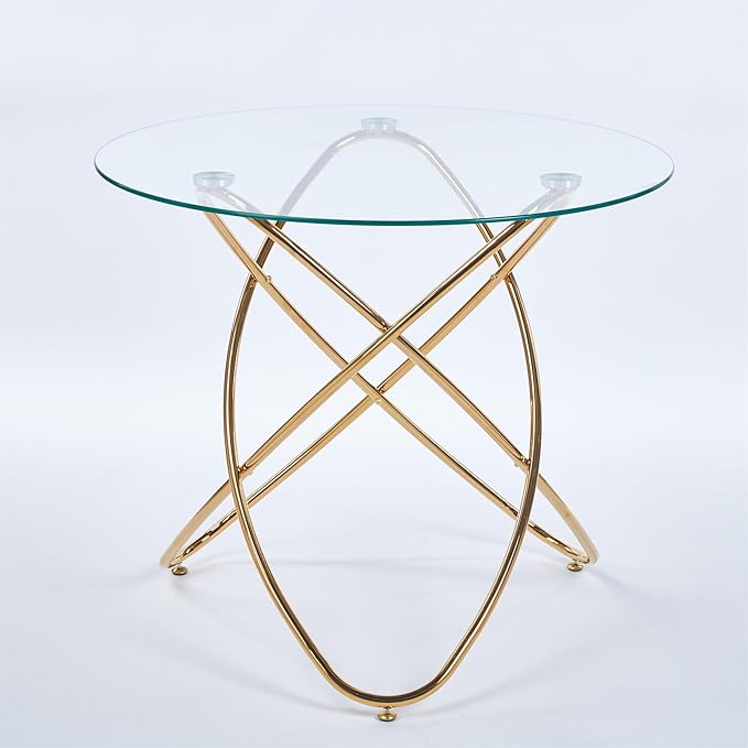 35.4" Round Dining Table for 4, Modern Clear Glass Kitchen Table for 4 with Gold Metal Legs, Compact Small Circle Dining Room Leisure Tables for Kitchen Apartment