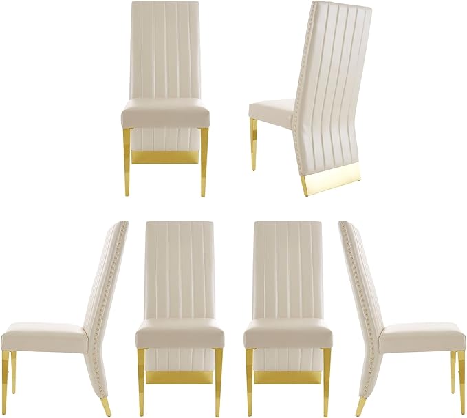 AUZ White Leather Dining Chairs Set of 6, Luxury White and Gold Upholstered Dining Room Chairs with Nailhead Trim, Modern Dining Chair with Polished Gold Metal Legs