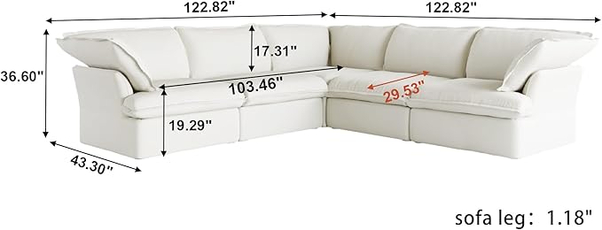 WJShome 165.2" Cloud Modular Sectional Sofa, Modern Comfy Couch Filled with Down, Minimalist Wide Deep Seat Couches for Living Room Apartment Lounge Bedroom (5 Seater,White)