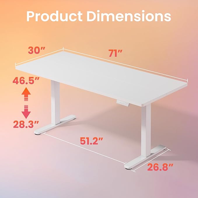 HUANUO 71 x 30 inch Electric Standing Desk Adjustable Height, 4 Memory Height Settings, Sit Stand Up Desk for Home Office & Computer Workstation, White