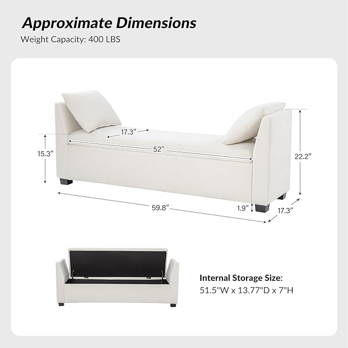 EcoHarbor Living 60" Storage Ottoman Bench with Pillows, Water Resistant Storage Bench End of Bed Upholstered Bedroom Entryway Storage Ottoman Foot Stools, Ivory