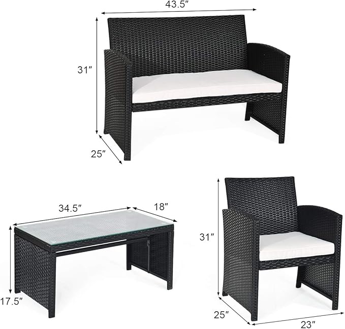 Tangkula Patio Wicker Conversation Furniture Set, Patiojoy Sofa & Table Set w/4 Seats, Outdoor Rattan Sofa Set for Balcony Backyard, Wicker Chair Set with Tempered Glass Coffee Table (1, White)