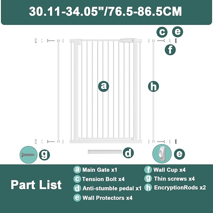 40.55" Tall 1.37" Ultra Narrow Spacing Dogs Pets Baby Gate for Doorway Hallway Safety Proof Indoor 30.11-34.05" Extra Wide Puppy Pressure Mounted No Drill Walk Through White Metal