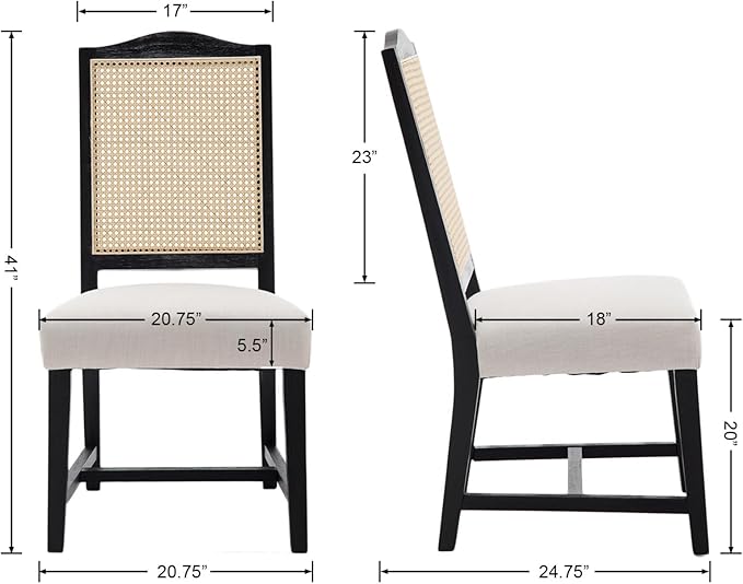 EALSON Rattan Dining Chairs Set of 6 Linen Upholstered Chairs for Dining Room, Mid-Century Modern, Black Wood Frame, Beige