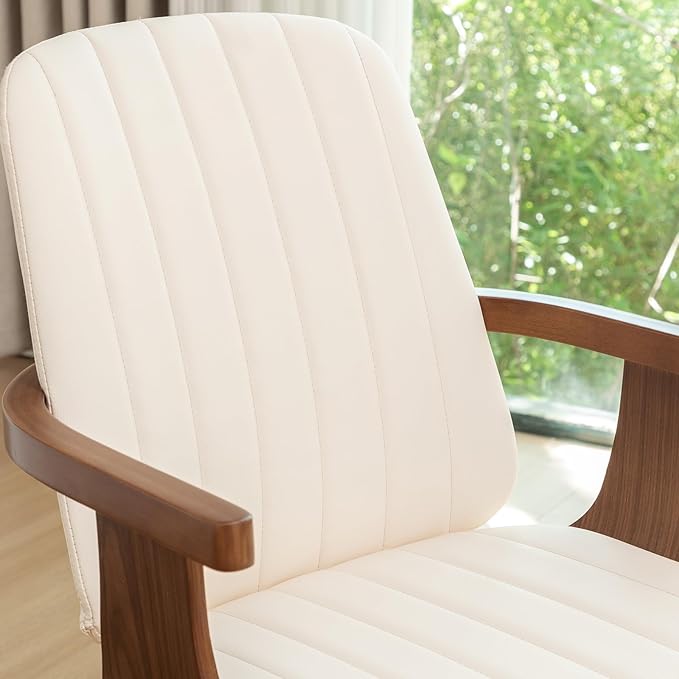 Swivel Dining Chairs Set of 4, Mid Century Modern Dining Chairs with Walnut Craftsmanship, Upholstered Faux Leather , Wooden Arms and Legs, Kitchen Chairs with Arms for Kitchen/Living Room - Beige