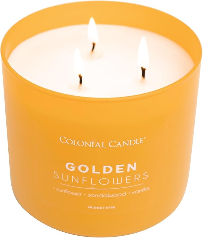 Colonial Candle Golden Sunflowers Scented Jar Candle, Pop of Color Collection, 3 Wick, 14.5 oz - Up to 60 Hours Burn