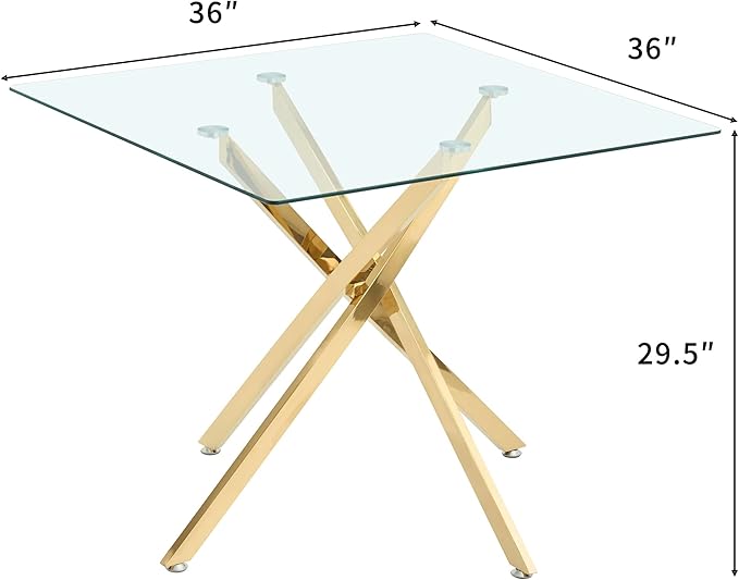 36" Square Glass Dining Room Table for 4 with Tempered Glass Top and Gold Chrome Metal Legs, Modern Clear Kitchen and Dinner Table for Home Office Dining Room