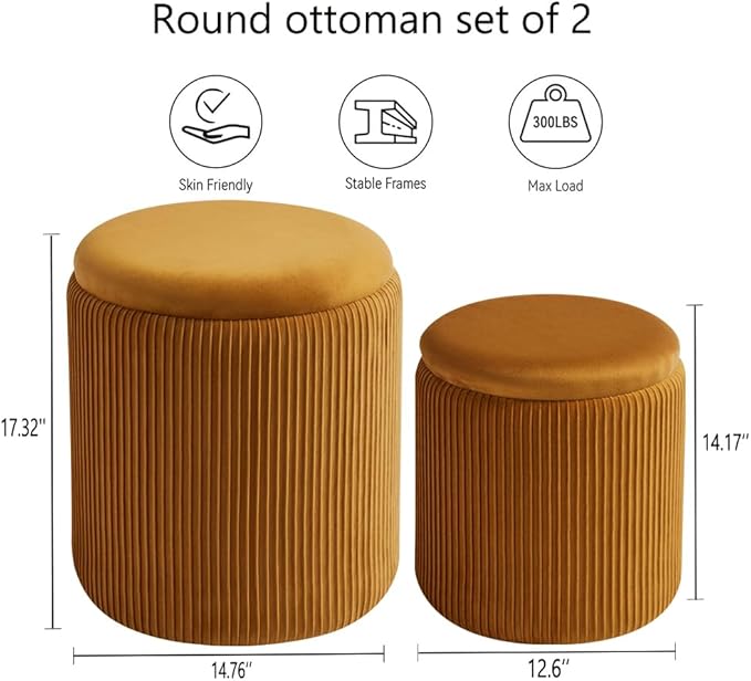 Round Ottoman with Storage Set of 2-Upholstered Sherpa Vanity Stool for Makeup Multifunctional Ottomans Coffee Table Padded Seat Foot Rest (Engineered Wood, Yellow-Upgrade Taray Lid)