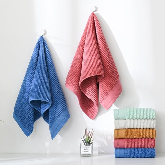 YiLUOMO White Hand Towel Set of 2 Soft Ribbed Striped Pattern 100% Cotton Absorbent Decorative Towel for Bathroom 13 x 29 Inch