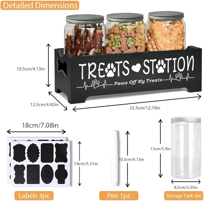 Dog Treat Container,Airtight Dog Food Storage Container with 3 Jars, Farmhouse Wood Dog Treat Jars, Pet Food Storage Containers for Dog, Cat or Small Animals(Black)