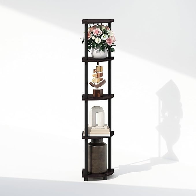 Furinno Turn-N-Tube Storage Shelves, 5-Tier Book Shelf, Corner Shelf, Toolless Open Shelves, for Organization and Storage, Living Room, Home Office, Hallway, Bedroom, Dark Walnut