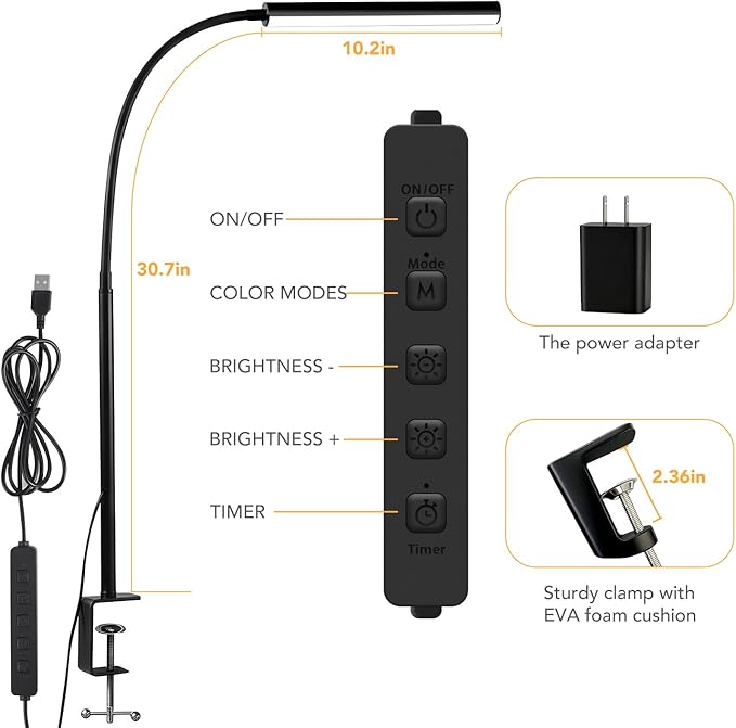 Small LED Desk Lamp with Clamp,Eye-Caring Clip on Lamp for Desk, 5 Modes 10 Brightness, Flexible Gooseneck USB Adapter Table Lamps for Home Office, Sewing（Black）
