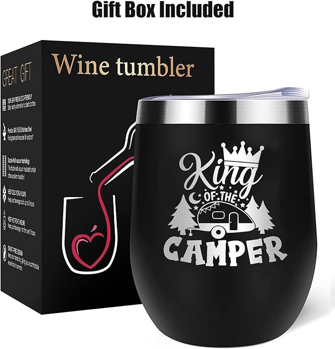 King of The Camper Wine Tumbler, Outdoor Camping Gifts Coffee Mug Cup, Camp Wine Glass Stemless Tumblers with Lid Stainless Steel Insulated Vacuum, RV Gifts for Campsite Travel Camping 12 Oz