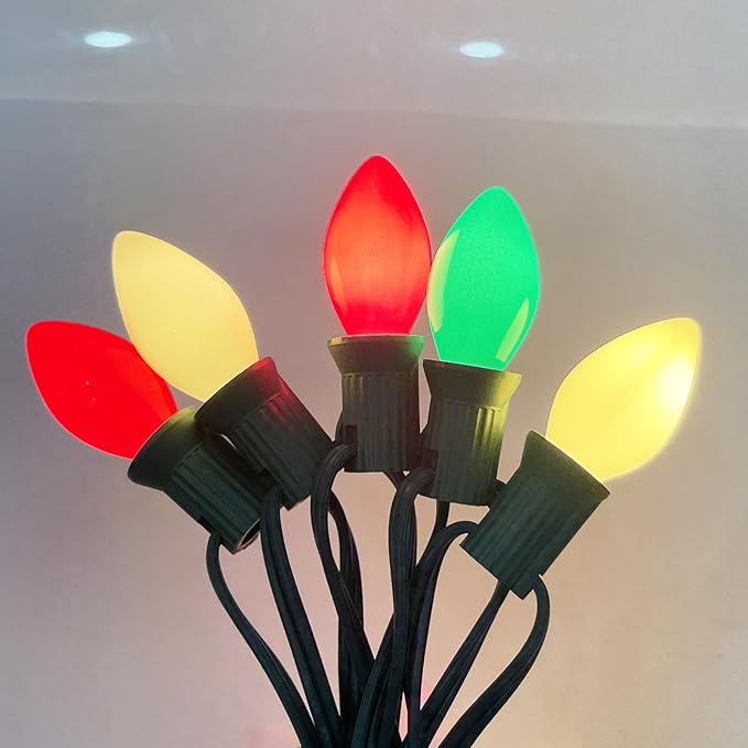 SUNSGNE C7 Christmas String Lights 25 Feet Outdoor String Lights with 27 5W Red Green White Glass Light Bulbs(2 Spare) for Backyard Patio Garden Xmas Decor, Green Wire