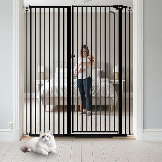 57" Extra Tall Cat Gate for Doorways 43.31'' - 48.03'' Wide Pet Gate Indoor, Pressure Mounted Walk Through Safety Metal Gates for Stairs, Extra Wide Baby Gaye for Child Kids Puppy Dogs Cats (Black)