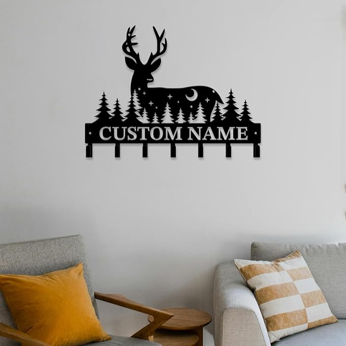 Personalized Custom Name Forest Deer Wall Keys Hooks,Metal Forest Deer Art Clothes Hooks,Metal Forest Deer Wall Home Storage Decorative,For Front Door, Hallway, Kitchen, Bedroom,Keys,Hats (Style G)