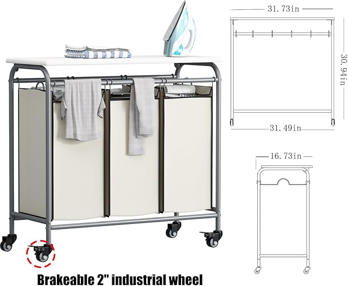 LINZINAR 3 Bag Laundry Basket Sorter Heavy Duty Rolling Lockable Wheels Laundry Hamper Cart with Ironing Board and Removable Bags, Beige