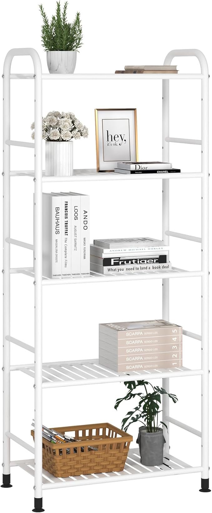 JSB 5-Tier Adjustable Shelving Unit, Heavy Duty Storage Rack Organizer Metal Corner Shelf for Kitchen Living Room Laundry Pantry Bathroom (White, 5 Tier)