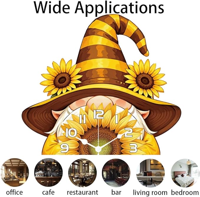 CHGCRAFT Sunflower Gnome Pattern Wall Clock 16.1 Inch Wood Grain Non-Ticking Irregular Shape Clocks Wall Hanging Clock Battery Operated for Bedroom Living Room Kitchen Office