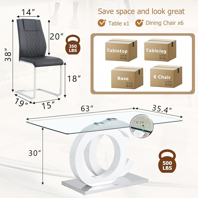 63'' Glass Dining Table Set for 6, Kitchen Table Chairs Set of 6, Clear Glass Dining Table with White unique design Leg and Silver Metal Base, 6 PU Dining Chairs with Metal Legs, Living Room, Kitchen.