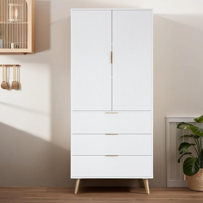 Tall Storage Cabinet, Kitchen Pantry Cabinet with Adjustable Shelves & Fluted Panel Design, Wood Cupboard with 3 Drawers 2 Doors, Tall Home Cupboard for Living Room, Kitchen, White