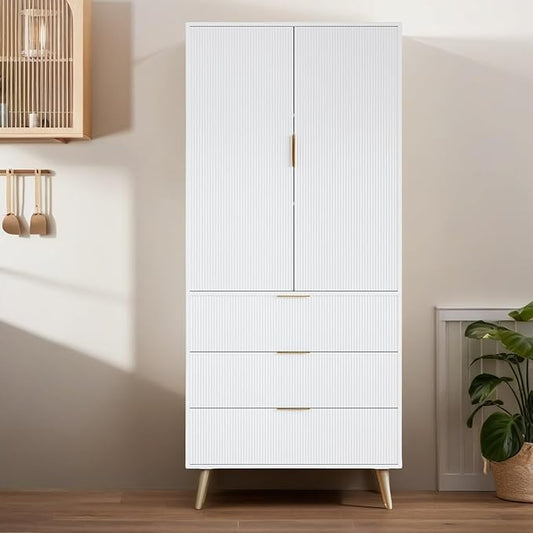 Tall Storage Cabinet, Kitchen Pantry Cabinet with Adjustable Shelves & Fluted Panel Design, Wood Cupboard with 3 Drawers 2 Doors, Tall Home Cupboard for Living Room, Kitchen, White